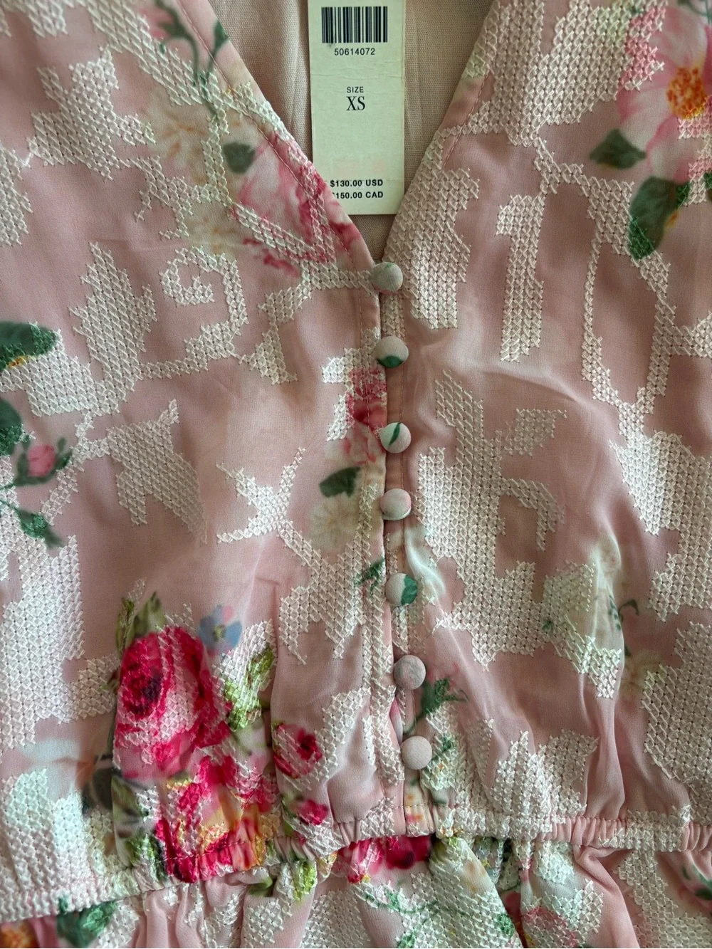 Anthropologie Pink Floral Puff-Sleeve Peplum Blouse